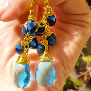 Σκουλαρίκια με μπλε κρυστάλλους - γυαλί, επιχρυσωμένα, δάκρυ, χάντρες, κρεμαστά - 4