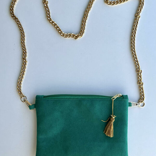 Τσάντα/purse ώμου με αλυσίδα σμαραγδί - ύφασμα, ώμου, all day, μικρές