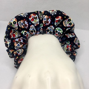 Υφασμάτινο λαστιχάκι scrunchie colorful skulls (medium) μεσαίου μεγέθους - ύφασμα, κορίτσι, για τα μαλλιά, λαστιχάκια μαλλιών - 4