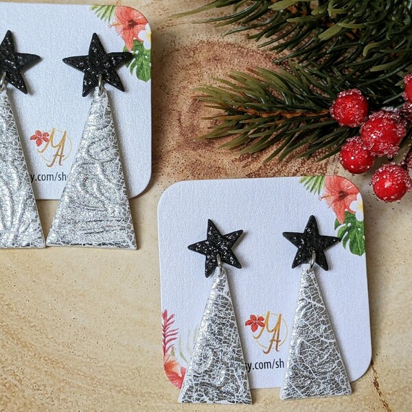 Christmas Tree Earrings 2, Polymer Clay Earrings, Χριστουγεννιάτικα σκουλαρίκια - πηλός, ατσάλι, κρεμαστά