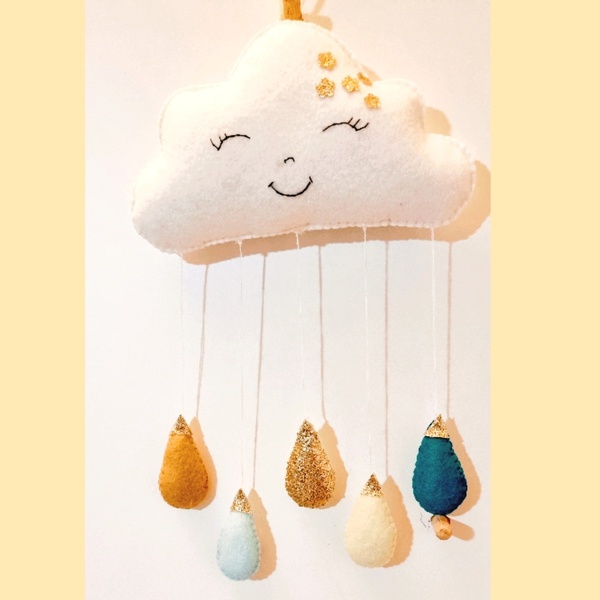 Μόμπιλε συννεφάκι happy cloud με σταγόνες βροχής, χειροποίητο - μόμπιλε, κρεμαστά, δώρο γέννησης, διακοσμητικό παιδικού δωματίου - 4