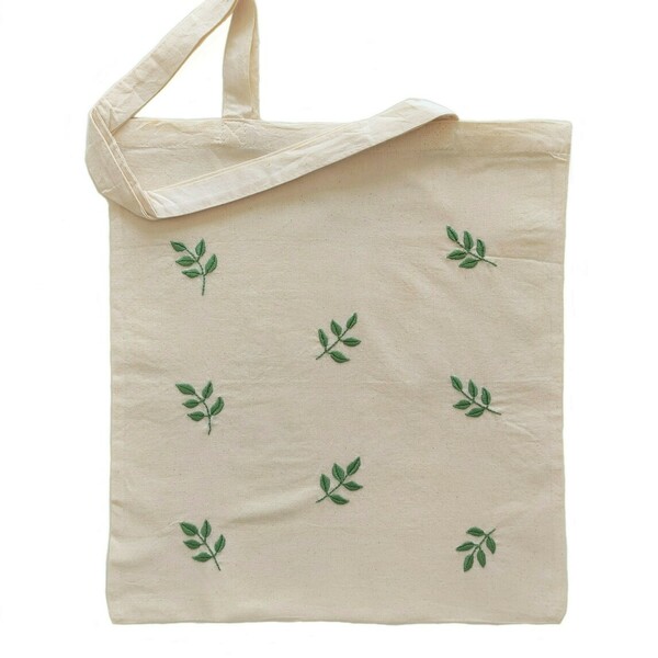 Κεντημένη πάνινη τσάντα "φύλλα"- 37x41 εκ. - ύφασμα, ώμου, tote, πάνινες τσάντες, φθηνές