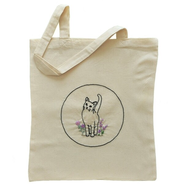 Κεντημένη πάνινη τσάντα " γάτα" - 37x41 εκ. - ύφασμα, ώμου, all day, πάνινες τσάντες, φθηνές