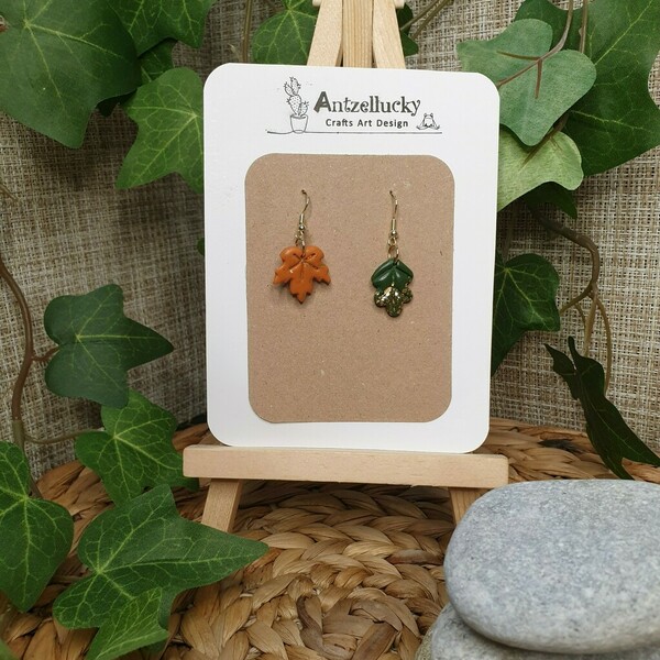 "Autumn Leaves Dangles" I Χειροποίητα μοντέρνα κρεμαστά σκουλαρίκια από πολυμερικό πηλό 4 cm - χρώμα πορτοκαλί / πράσινο / χρυσό - πηλός, λουλούδι, μικρά, κρεμαστά, γάντζος - 2