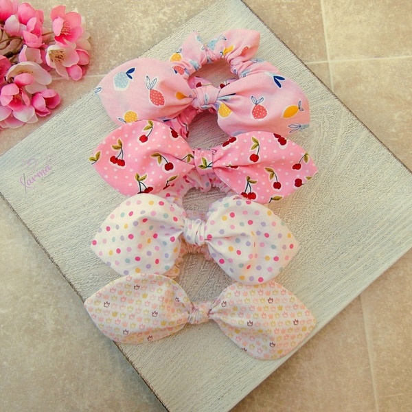 Bunny scrunchie ροζ με πολύχρωμα λεμονάκια - ύφασμα, κορίτσι, μαμά και κόρη, λαστιχάκια μαλλιών, αξεσουάρ μαλλιών - 3