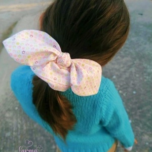 Bunny scrunchie ροζ με πολύχρωμα λεμονάκια - ύφασμα, κορίτσι, μαμά και κόρη, λαστιχάκια μαλλιών, αξεσουάρ μαλλιών - 4