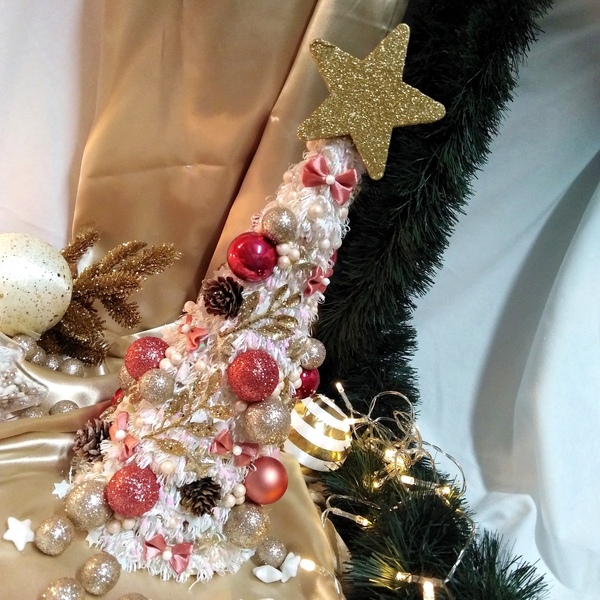 Χριστουγεννιάτικο δέντρο στολισμένο σαμπανί-σάπιο μήλο με λαμπάκια 35×14cm - χριστουγεννιάτικο δέντρο, διακοσμητικά, χριστούγεννα, πρωτοχρονιά, δέντρο - 4