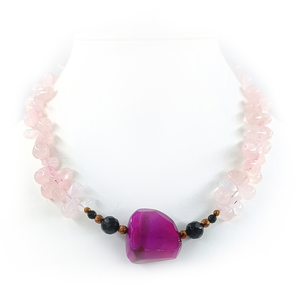 Κολιέ από ροζ quartz, μάυρους όνυχες αιματίτες και κεντρικό μοτίφ από φούξια αχάτη - ημιπολύτιμες πέτρες, αχάτης, όνυχας, αιματίτης, τσόκερ - 4