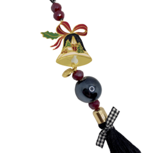 Μικρό γουράκι με μεταλλική καμπανούλα , μαύρη κεραμική χάντρα & φούντα σε μπορντό και μαύρες αποχρώσεις - μέταλλο, κρεμαστά, χριστουγεννιάτικα δώρα, γούρια - 3