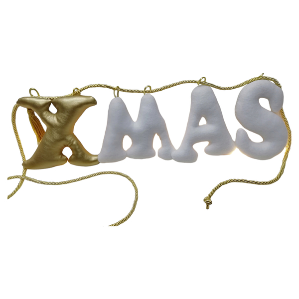 Υφασμάτινη διακοσμητική γιρλάντα XMAS από λευκό απαλό ύφασμα με χρυσές δερμάτινες λεπτομέρειες μήκους 150 εκατοστών - ύφασμα, διακόσμηση, χριστουγεννιάτικο, διακοσμητικά