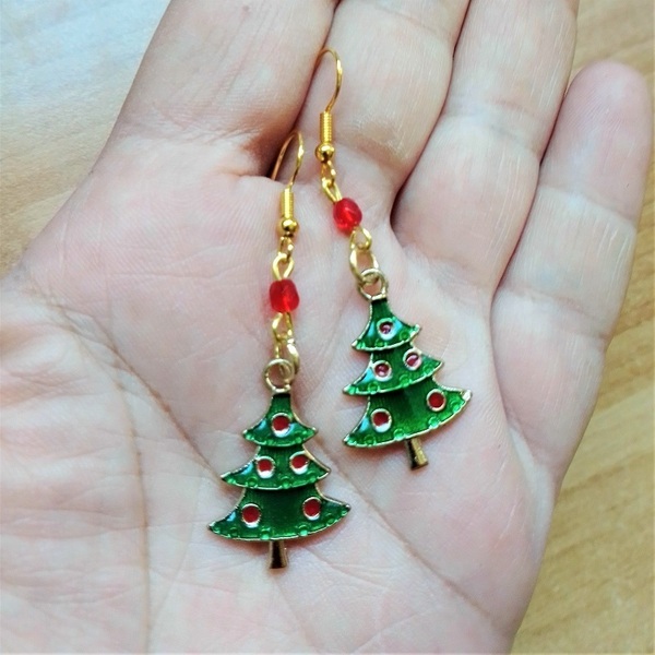 Χριστουγεννιάτικα σκουλαρίκια κρεμαστά, πράσινο δεντράκι με σμάλτο, 6εκ. - μέταλλο, μαμά, κοσμήματα, δασκάλα, χριστουγεννιάτικα δώρα - 2