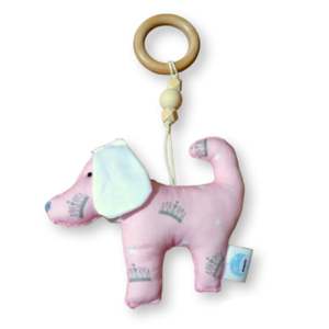 Μασητικός ξύλινος κρίκος με υφασμάτινο παιχνίδι σκυλάκι ροζ με σχέδιο κορόνες για βρέφη απο 0+ ετών/Με υποαλλεργικό γέμισμα/Διαστάσεις 30×18 εκ. - κορίτσι, αγόρι, βρεφικά, μασητικά μωρού