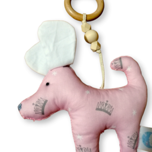 Μασητικός ξύλινος κρίκος με υφασμάτινο παιχνίδι σκυλάκι ροζ με σχέδιο κορόνες για βρέφη απο 0+ ετών/Με υποαλλεργικό γέμισμα/Διαστάσεις 30×18 εκ. - κορίτσι, αγόρι, βρεφικά, μασητικά μωρού - 5