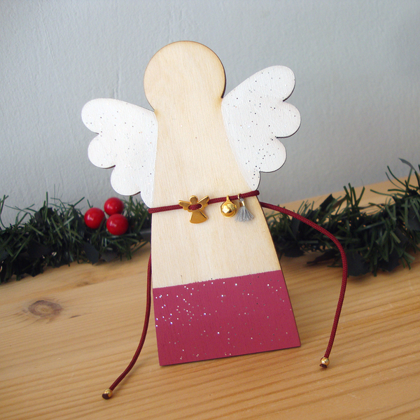 Ξύλινος άγγελος στολίδι με επίχρυσο βραχιόλι - επιχρυσωμένα, κορδόνια, χεριού, αυξομειούμενα, γούρια - 5