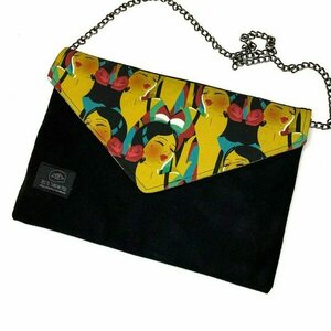 Χειροποίητη μαύρη σουέτ τσάντα ”Black woman rose” 28cm x 20 cm - ύφασμα, φάκελοι, ώμου, all day, μικρές