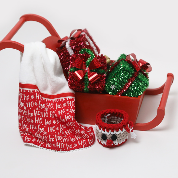 Σετ Χειροποίητη Πετσέτα 50x100cm και Πλεκτό Καλαθάκι 10x12cm - Christmas Props - ύφασμα, λευκά είδη, χριστουγεννιάτικα δώρα, πετσέτες - 2