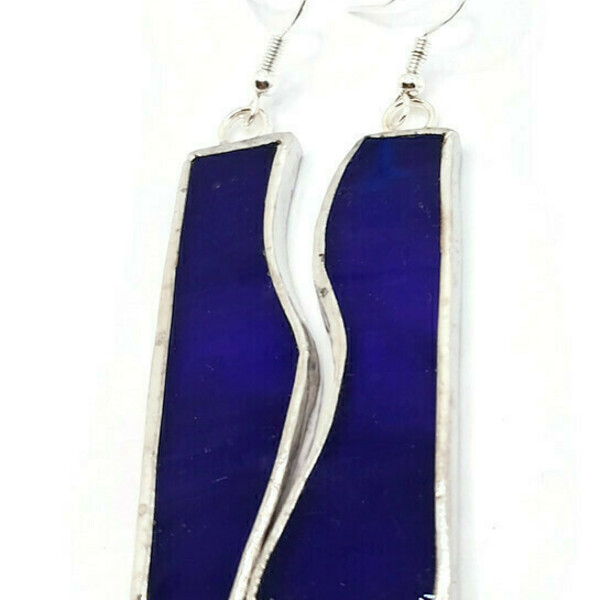 Ασύμμετρα Μακριά Σκουλαρίκια με Μπλε Βιτρώ 50x15mm - ασήμι, γυαλί, δώρο, μακριά, κρεμαστά - 2