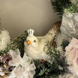 Χριστουγεννιάτικο στεφανι 35 εκ. με πουλάκι και παραμυθένια λουλούδια - ξύλο, στεφάνια, σπίτι, νονά, στολίδια - 3