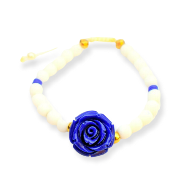 Βραχιόλι με μπλε τριαντάφυλλο και λευκές χάντρες - charms, πλαστικό, λουλούδι, χεριού, αυξομειούμενα