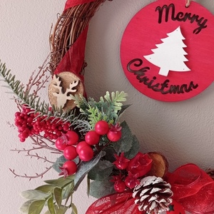 Στεφάνι κλαδιών διακοσμητικό χριστουγεννιάτικο κόκκινο merry christmas 30*30*2εκ. - ξύλο, στεφάνια, κουκουνάρι - 2