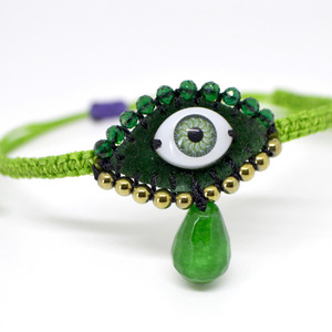 Βραχιόλι κεντητό evil eye πράσινο με δάκρυ αχάτη - ημιπολύτιμες πέτρες, μακραμέ, μάτι, boho, αυξομειούμενα