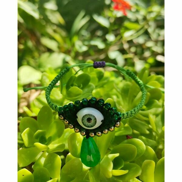 Βραχιόλι κεντητό evil eye πράσινο με δάκρυ αχάτη - ημιπολύτιμες πέτρες, μακραμέ, μάτι, boho, αυξομειούμενα - 2