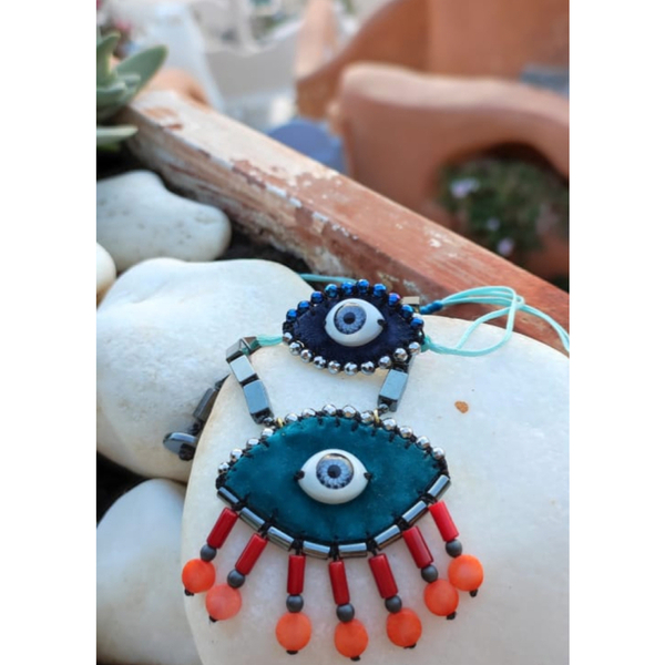 Βραχιόλι κεντητό evil eye μπλε με ημιπολύτιμες πέτρες - ημιπολύτιμες πέτρες, μακραμέ, μάτι, boho, αυξομειούμενα - 2