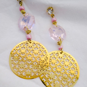 Μακριά σκουλαρίκια με κρυσταλλα ροζ και χρυσό φιλιγκρί part 1 - ημιπολύτιμες πέτρες, χάντρες, μακριά, κρεμαστά, μεγάλα - 5