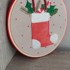 Χειροποίητο Χριστουγεννιατικο Τελάρο- Χριστουγεννιατικη κάλτσα - ύφασμα, νήμα, βελούδο, διακοσμητικά - 4