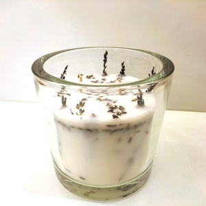 Αρωματικό κερί λευκό σε γυάλινο βάζο 12εκΧ12εκ με άρωμα λεβάντας και αποξηραμένη λεβάντα - αρωματικά κεριά - 2