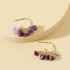 Purple stone earrings - επιχρυσωμένα, ορείχαλκος, λουλούδι, μικρά, κρεμαστά - 2