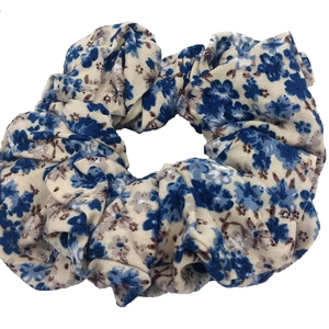 Scrunchy υφασμάτινο με λουλούδια μπλε - ύφασμα, λαστιχάκια μαλλιών