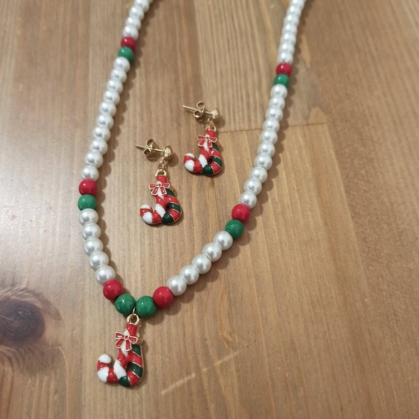 χριστουγεννιάτικο σετ κοσμημάτων 2 τμχ ' γλειφιντζουράκι ' ( candy cane ) - ημιπολύτιμες πέτρες, μέταλλο, κοσμήματα, με πέρλες, σετ κοσμημάτων - 2