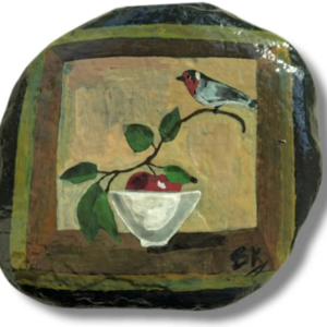Νεκρή φύση ζωγραφική σε πέτρα. Καρδερίνα και μήλο. Διαστάσεις 9χ9 εκ. - ζωγραφισμένα στο χέρι, πέτρα, διακοσμητικές πέτρες