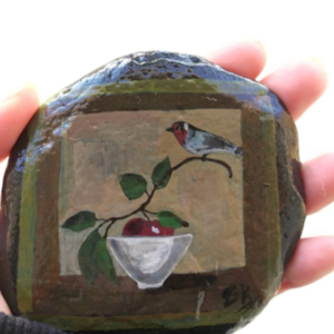 Νεκρή φύση ζωγραφική σε πέτρα. Καρδερίνα και μήλο. Διαστάσεις 9χ9 εκ. - ζωγραφισμένα στο χέρι, πέτρα, διακοσμητικές πέτρες - 4