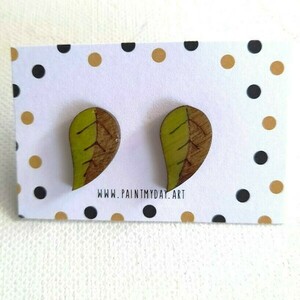 Stud earrings "Φύλλα"! - ξύλο, ζωγραφισμένα στο χέρι, καρφωτά, μικρά, καρφάκι - 3
