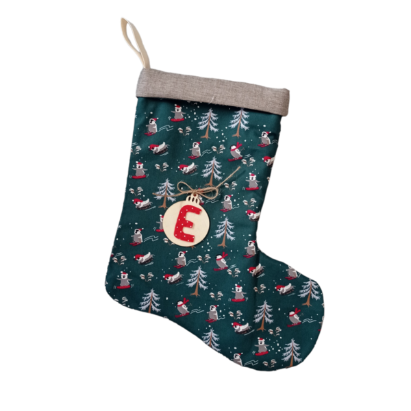 Χριστουγεννιάτικη διακοσμητική κάλτσα πιγκουίνοι που κάνουν σκι - ύφασμα, στολίδια