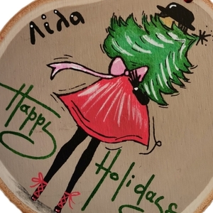 Προσωποποιημένο χειροποίητο χριστουγεννιάτικο ξύλινο στολίδι 9 εκ. " happy holidays" - ξύλο, στολίδια, προσωποποιημένα - 2