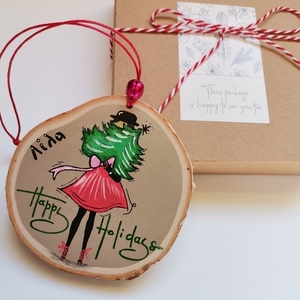 Προσωποποιημένο χειροποίητο χριστουγεννιάτικο ξύλινο στολίδι 9 εκ. " happy holidays" - ξύλο, στολίδια, προσωποποιημένα - 3