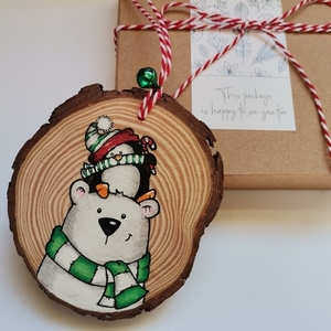 Προσωποποιημένο χειροποίητο χριστουγεννιάτικο ξύλινο στολίδι με αρκουδάκι και πιγκουινάκι - ξύλο, στολίδια - 4