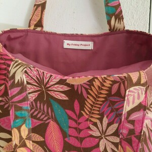 Υφασμάτινη tote τσάντα "καφέ με ροζ φύλλα" - ύφασμα, ώμου, μεγάλες, all day, tote - 2