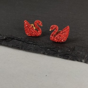 Σκουλαρίκια Κύκνοι με Κόκκινα Ζιργκόν - επιχρυσωμένα, μικρά, ατσάλι, ear cuffs, φθηνά - 2