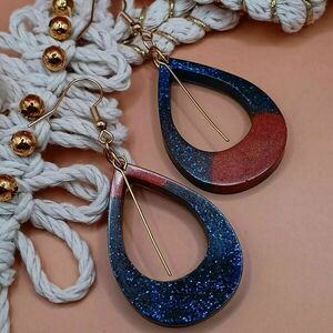 Χριστουγεννιάτικα σκουλαρίκια από υγρό γυαλί σε σχήμα σταγόνας - μπλε/πορτοκαλί - γυαλί, ατσάλι, boho, κρεμαστά, χριστουγεννιάτικα δώρα - 3