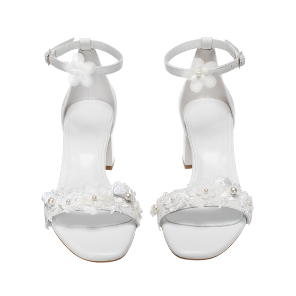 Νυφικά πέδιλα άσπρα χαμηλά με δαντέλα από δέρμα - Πέδιλα Φοίβη - δέρμα, πέδιλα, νυφικά, ankle strap - 2