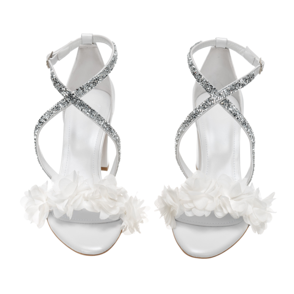 Νυφικά πέδιλα άσπρα με δέσιμο με στρας και λουλούδια από δέρμα - Πέδιλα Ασημίνα - δέρμα, στρας, πέδιλα, νυφικά, ankle strap - 2