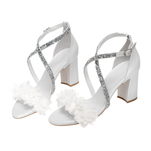 Νυφικά πέδιλα άσπρα με δέσιμο με στρας και λουλούδια από δέρμα - Πέδιλα Ασημίνα - δέρμα, στρας, πέδιλα, νυφικά, ankle strap - 3