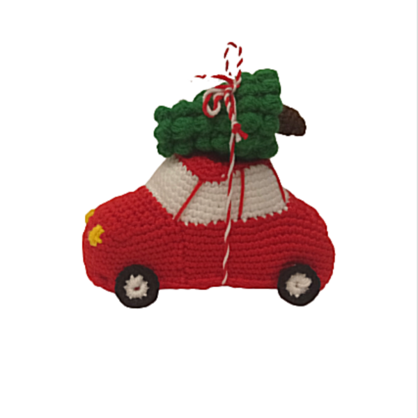 Πλεκτό χριστουγεννιάτικο αυτοκινητάκι με δέντρο στην οροφή, 14εκ. - vintage, νήμα, διακοσμητικά, χριστουγεννιάτικα δώρα, δέντρο - 2
