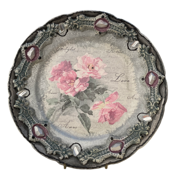 Πιάτο πορσελάνης 23cm ασημί με decoupage - γυαλί, ζωγραφισμένα στο χέρι, διακοσμητικά, πρωτότυπα δώρα