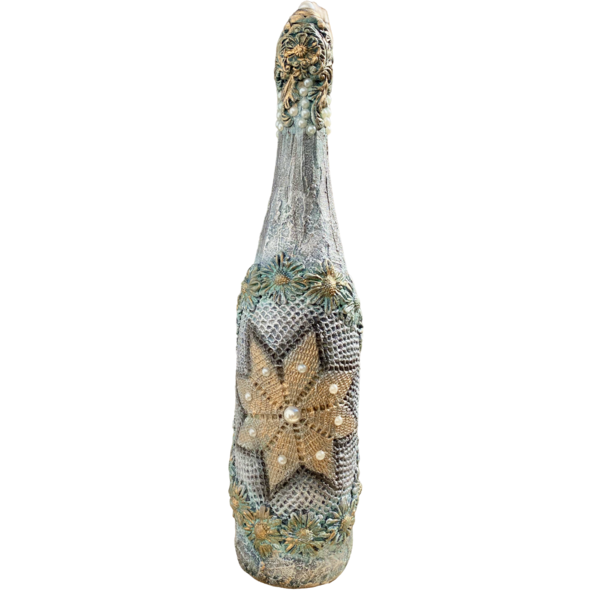 Μπουκάλι γυάλινο ζωγραφισμένο 35cm ασημί - γυαλί, ζωγραφισμένα στο χέρι, πρωτότυπα δώρα, διακοσμητικά μπουκάλια