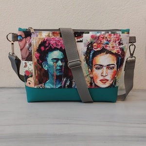 Τσάντα χιαστί Frida Kahlo με πετρόλ δερματίνη 30*20*10cm - χιαστί, all day, δερματίνη, frida kahlo, δώρα για γυναίκες - 2